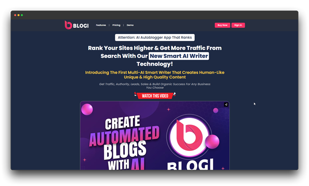 Screenshot of the "Blogi" website, showcasing its AI Blogging Tool. The site advertises its AI writer for creating human-like content and improving search rankings. Keywords: AI Blogging Tools, AI Tools, Blogging Tools.