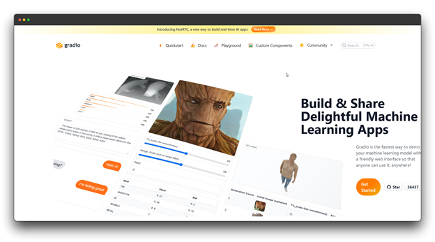 Screenshot of the Gradio website, showcasing its interface for building machine learning apps. Keyword: AI Tools.