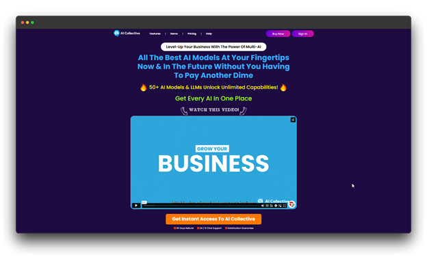 Screenshot of the AI Collective website, advertising a platform with multiple AI models for various business needs. Keywords: AI Blogging Tools, AI Tools, Blogging Tools.
