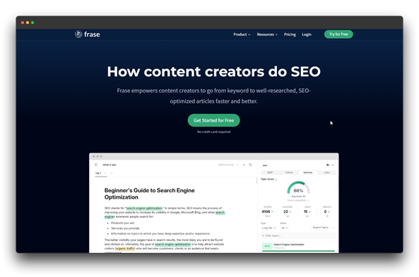 Screenshot of the Frase website, an AI tool for SEO-focused content creation. Keywords: AI Blogging Tools, AI Tools, Blogging Tools.