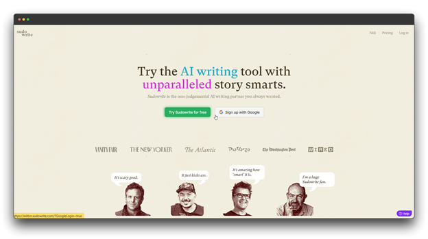 Screenshot of the SudoWrite website, an AI writing tool advertised for creating stories. Keywords: AI Blogging Tools, AI Tools, Blogging Tools.