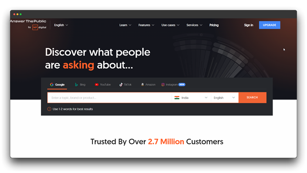 Screenshot of the AnswerThePublic website, an AI tool for keyword research and content ideas. Keywords: AI Blogging Tools, AI Tools, Blogging Tools.