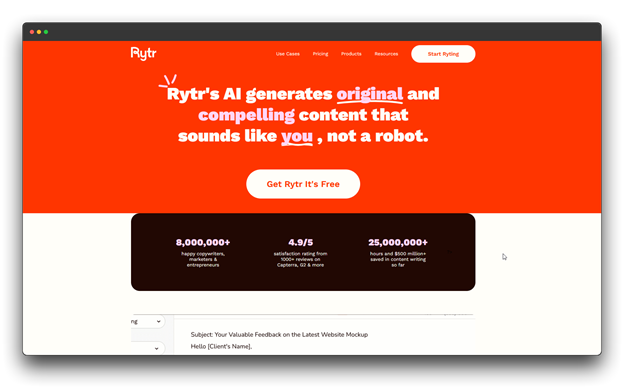Screenshot of the Rytr website, an AI writing tool advertised for generating original and compelling content. Keywords: AI Blogging Tools, AI Tools, Blogging Tools.