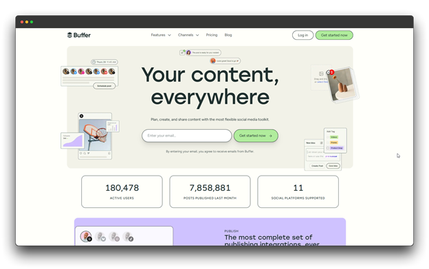 Screenshot of the Buffer website, a social media management tool for content distribution. Keywords: AI Blogging Tools, AI Tools, Blogging Tools.