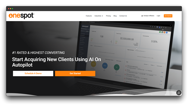 Screenshot of the OneSpot website, an AI tool for automating client acquisition. Keywords: AI Blogging Tools, AI Tools, Blogging Tools.