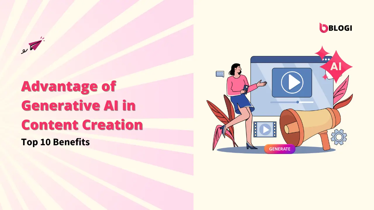 A white and blue robot sits at a laptop. Text reads "Advantage of Generative AI in Content Creation: Top 10 Benefits." Keywords: Generative AI in Content Creation, Generative AI, Content Creation