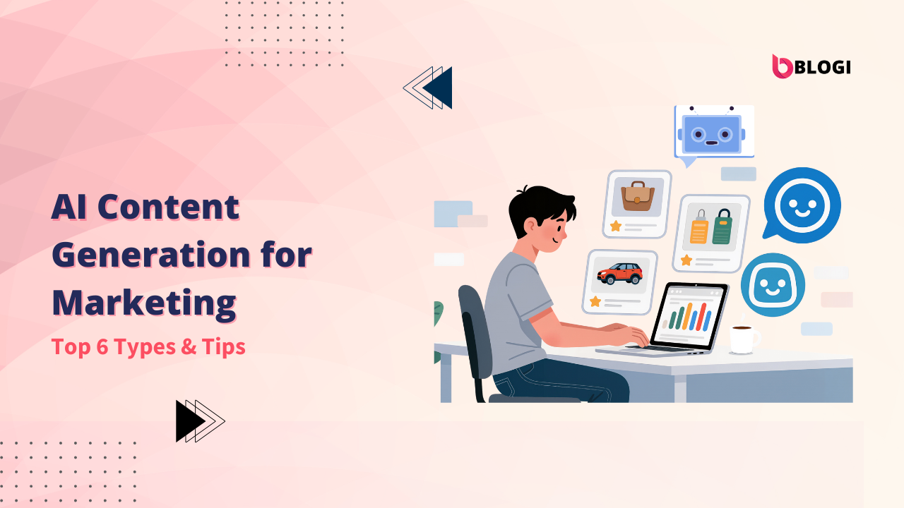 Cartoon robot sitting in a chair using a laptop with speech bubbles, text reads "AI Content Generation for Marketing: Top 6 Types & Tips". Keywords: "AI Content Generation for Marketing", "AI Content Generation", "AI Content"