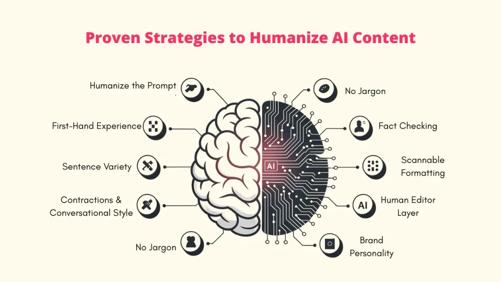 Infographic titled "Proven Strategies to Humanize AI Content" that illustrates a human brain split into two halves. The Human Side (right) lists: First-Hand Experience, Sentence Variety, Contractions & Conversational Style, and No Jargon. The AI Side (left) lists: Fact Checking, Scannable Formatting, Human Editor Layer, and Brand Personality. The strategy "Humanize the Prompt" is positioned at the top connecting both sides.

🔑 Keywords
Proven Strategies to Humanize AI Content; Humanize AI Content Checklist; AI Content Editing Tips; Human Editor Layer; Conversational AI Style; Brand Personality in AI Content Humanize Al Content 